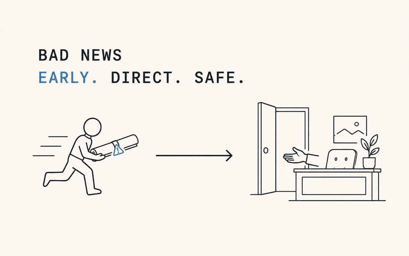 Editorial diagram of a messenger safely delivering a warning to a welcoming leader